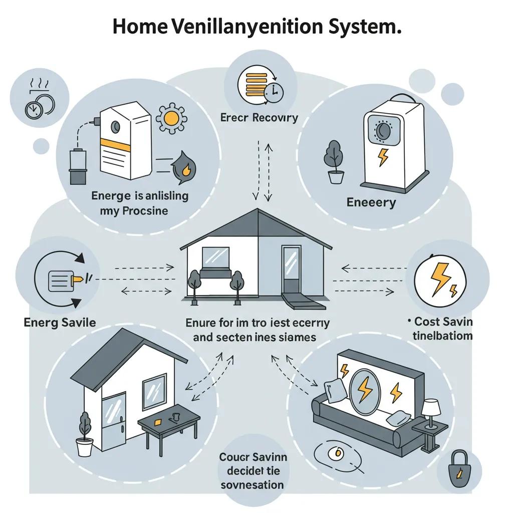 Illustration of energy efficiency benefits from home ventilation systems, highlighting airflow and cost savings