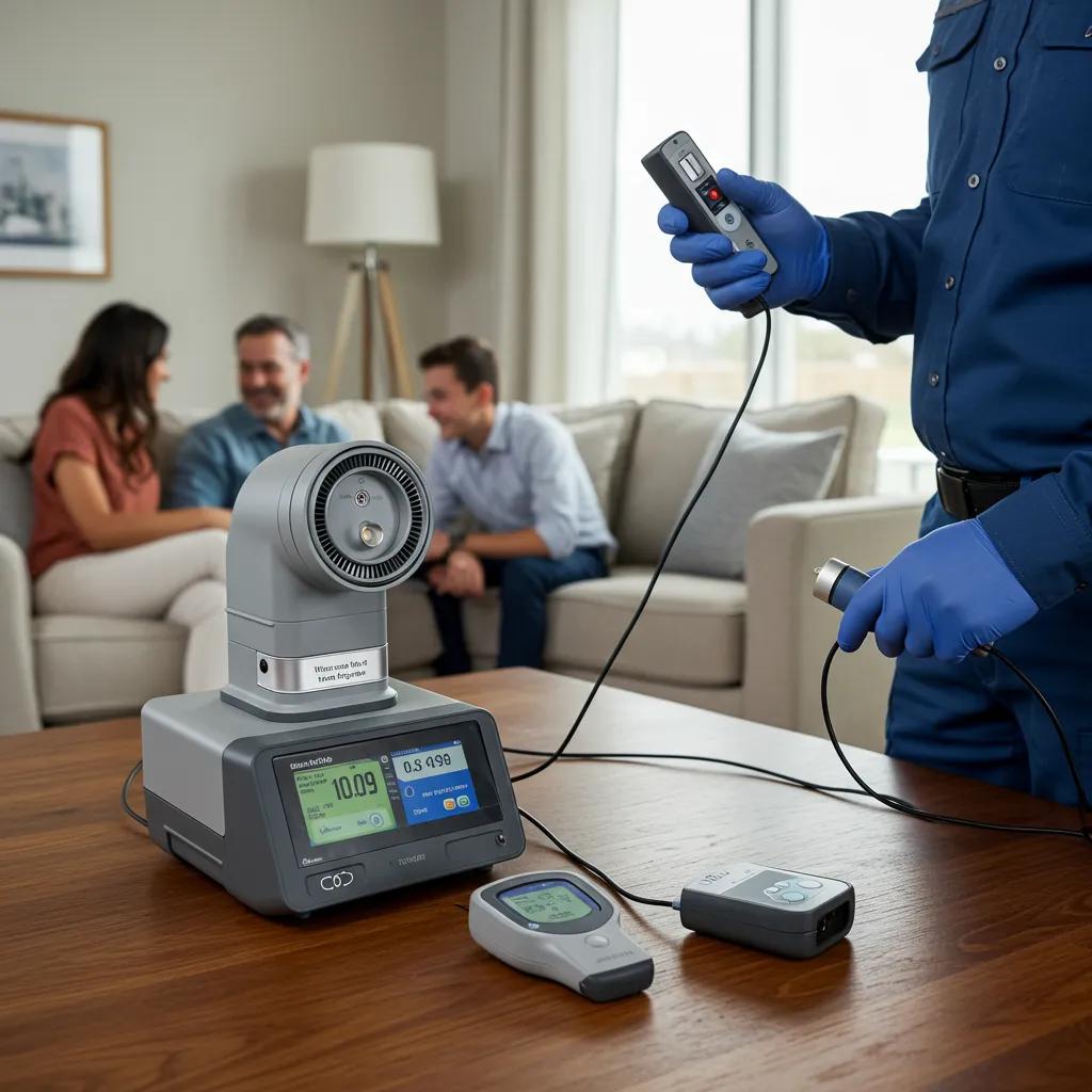 Technician performing indoor air quality testing in a home, highlighting the importance of clean air for family health