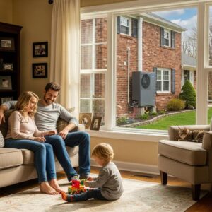 Heat pump system outside a cozy home in York PA, representing reliable comfort and efficient heating