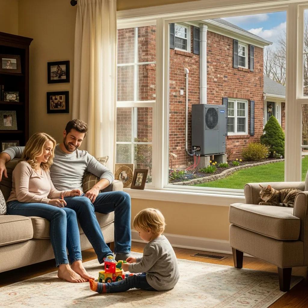 Heat pump system outside a cozy home in York PA, representing reliable comfort and efficient heating