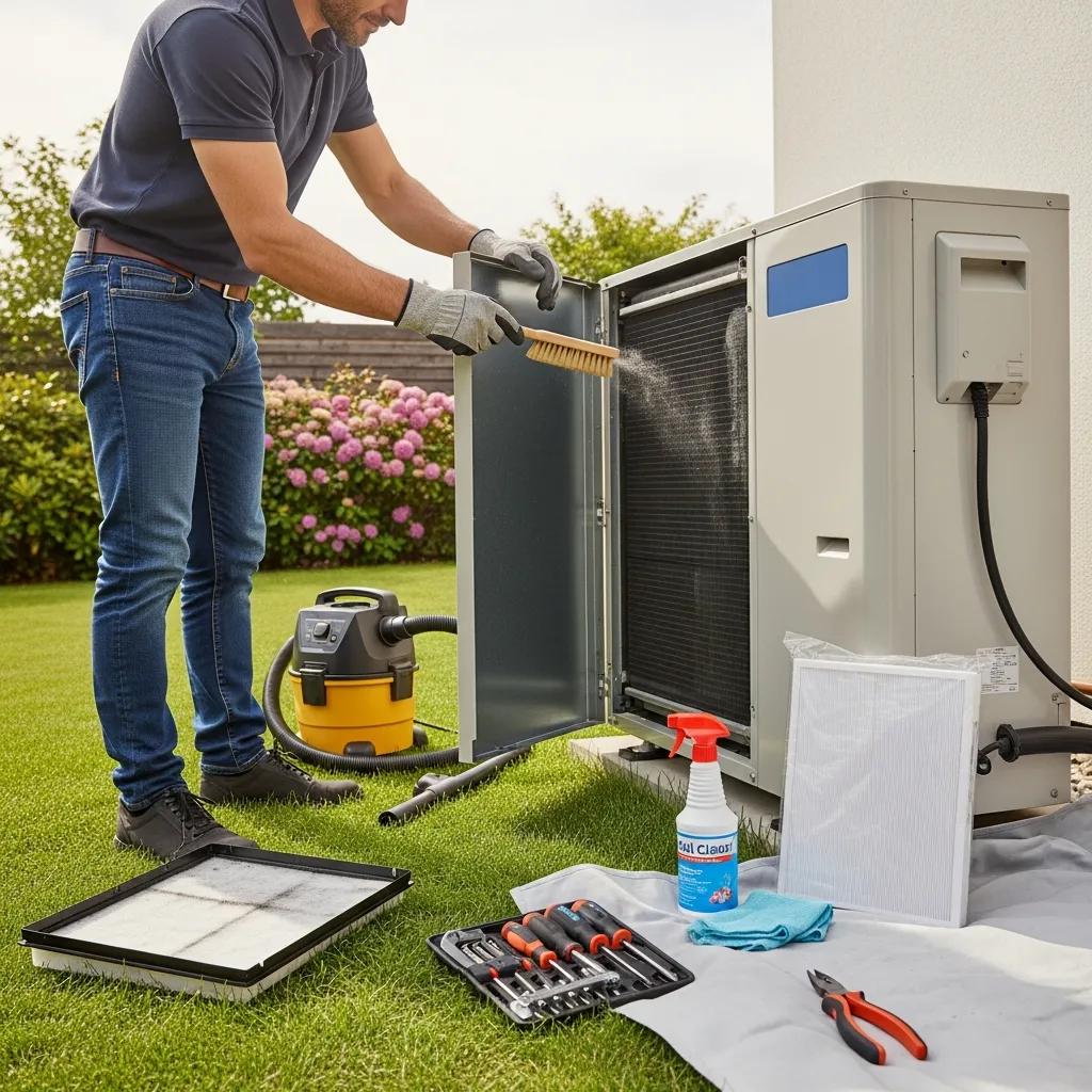 Heat Pump Repair & Maintenance in York, PA Homeowner checking a heat pump during routine maintenance to improve efficiency and extend equipment life